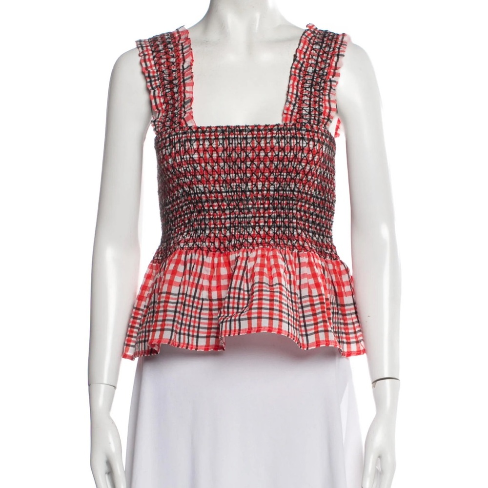 Ganni Red and Black Checkered Smocked Tank Top